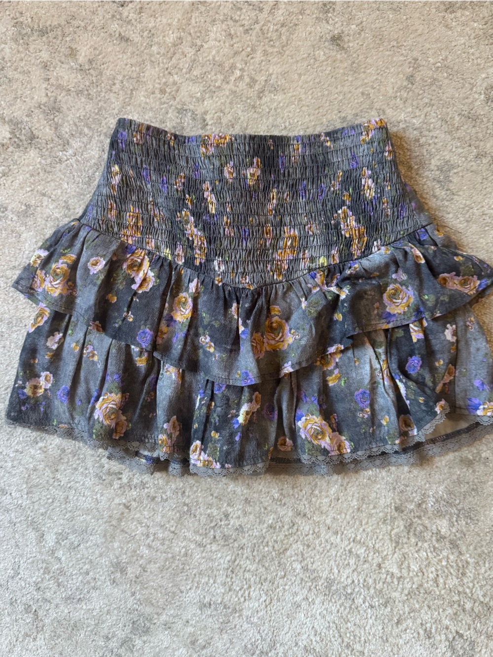 Girls Zara Gray Floral Smocked Ruffle Skirt with Purple & Yellow Flowers